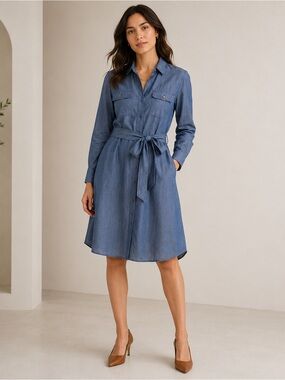Coldwater Creek Dark Blue Denim Shirt Dress with Self-Tie Waist